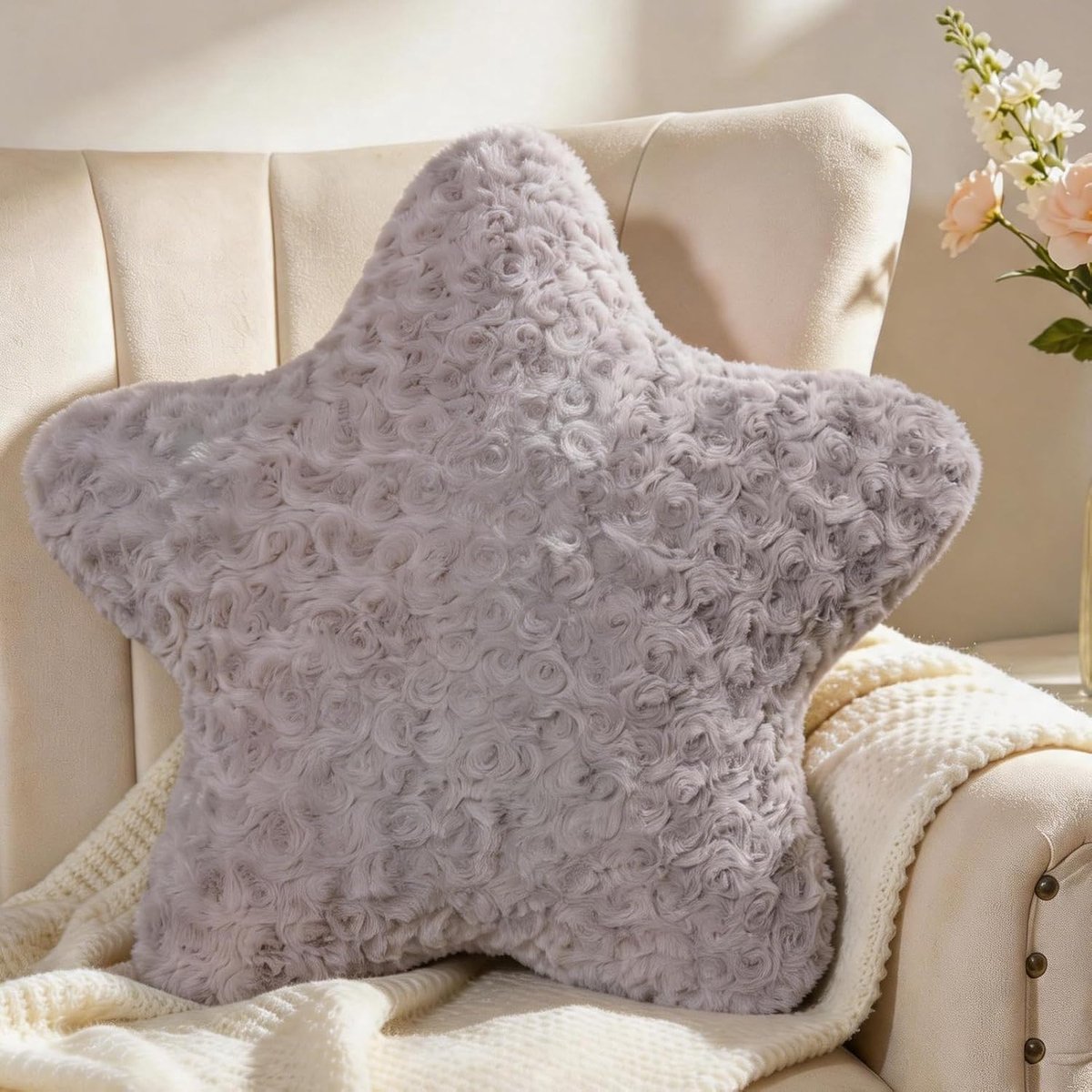 grijs stervormig kussen, knuffelkussen, schattig sierkussen, esthetisch, pluche ster sierkussen voor woonkamer, bank, kind, slaapkamer, bed, cadeau, 35 x 35 cm