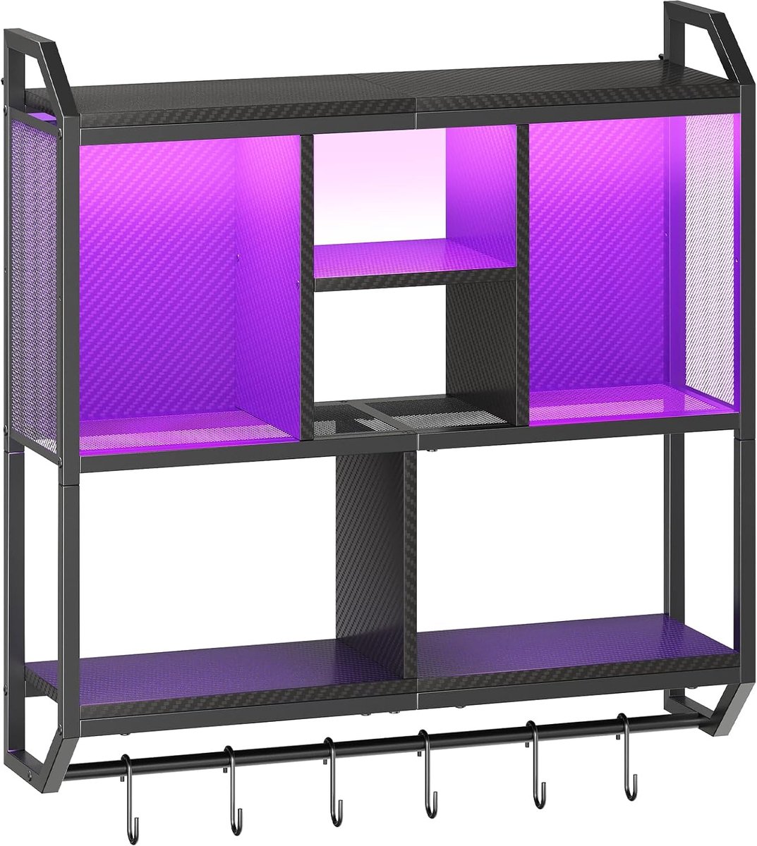 Zwevende plank, 4-laags verticale opbergruimte, Zwevende displaystandaard met 6 haken, voor speelkamer, keuken, café, bistro, Zwart EBB70DBJ01