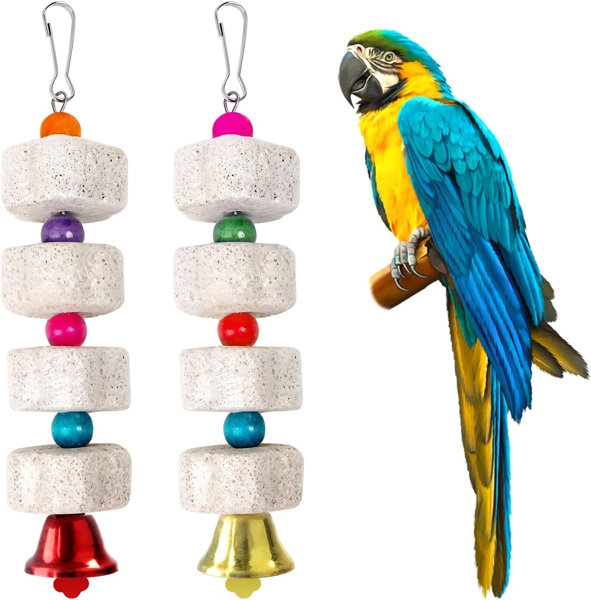 Speelgoed, vogel, kauwspeelgoed, minerale steen, baktand speelgoed met bel, kalksteen voor parkieten, Ara's, Afrikaanse grijze kaketoes, valkparkieten