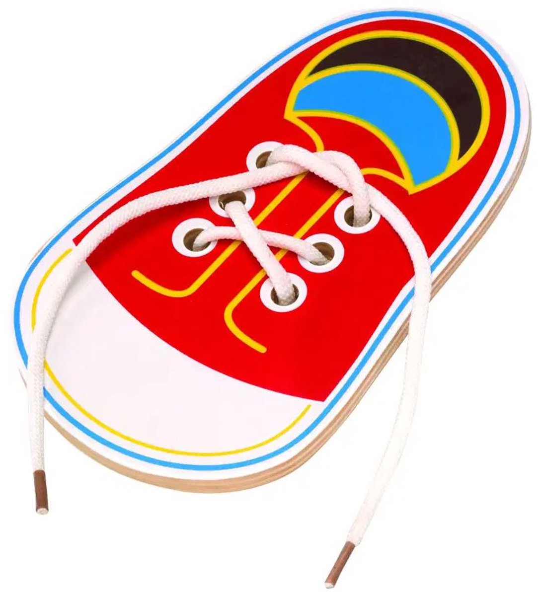 Veterstrikken oefenen - Zelf veters leren strikken - Veterstrik schoentje - Oefenschoen - Lacing shoe toy - Spelend leren - Hout - 17 cm - Jonyx