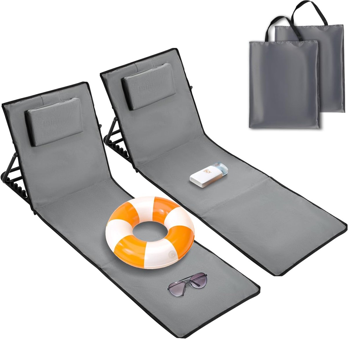 Strandmat, 2 stuks, inklapbaar, licht, strandmat, opvouwbaar, met 5-traps verstelbare rugleuning, draagbaar, inclusief draagtas, beachmat voor vakantie, tuin, camping, grijs