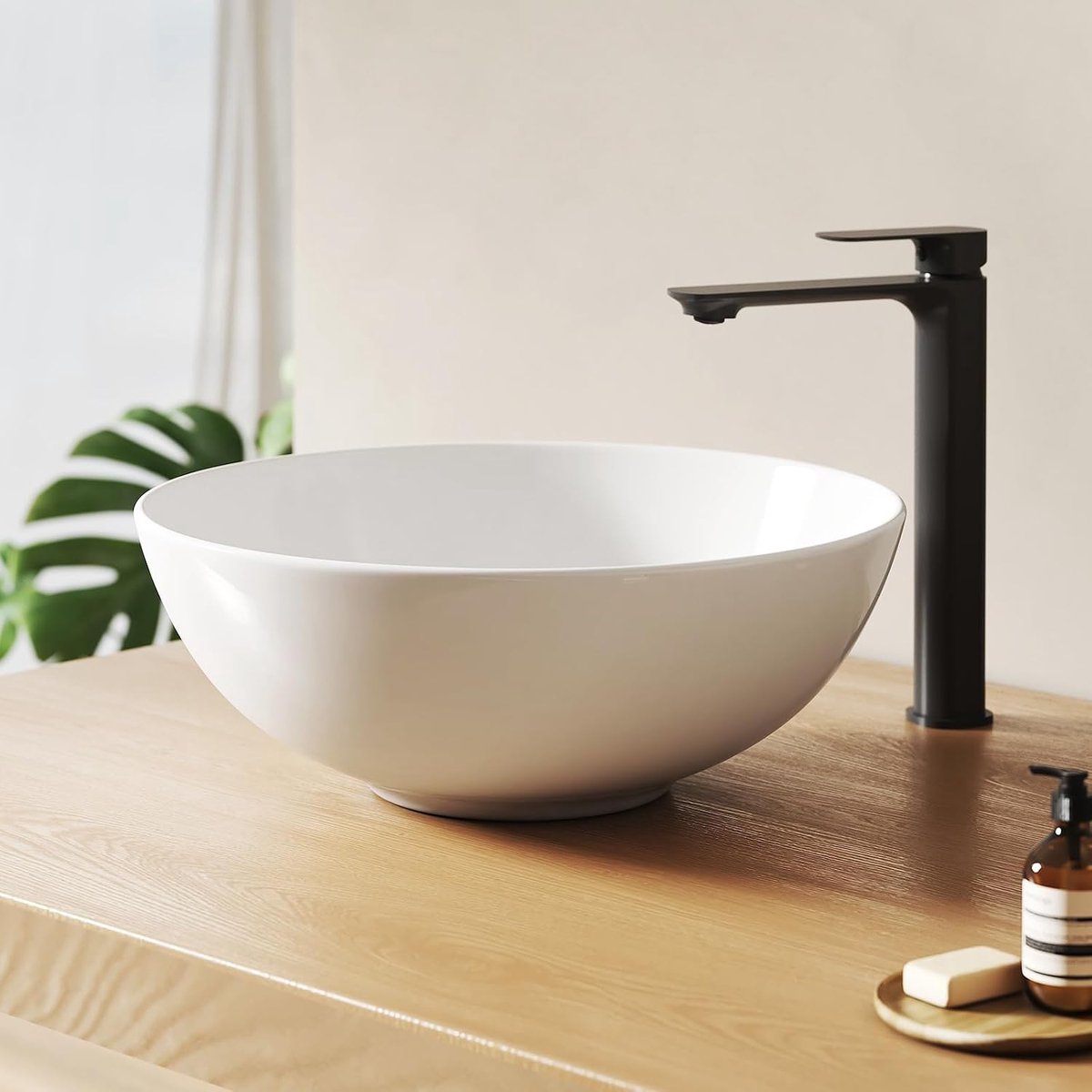 Ronde Opbouw Waskom 41,5 × 41,5 × 15,5 cm – Keramische Opbouw Waskom met Groot Volume voor Badkamer en Gastentoilet, Zonder Kraangat, Glanzend Wit