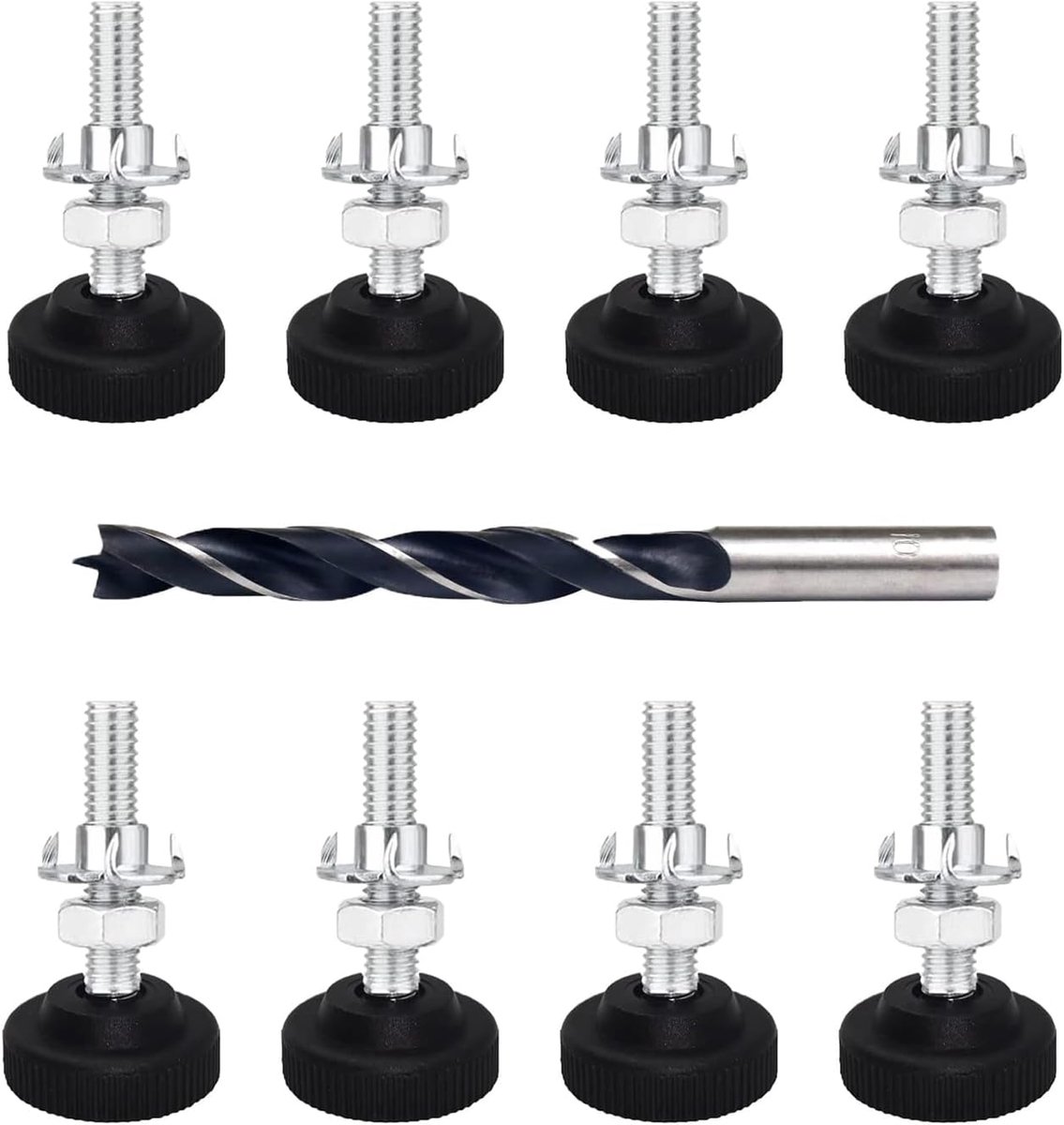 Poten verstelbaar, metaal, M8 x 46 mm, stelvoeten voor meubels, regelschroef, instelschroef met inslagmoeren, contramoeren en metalen boren