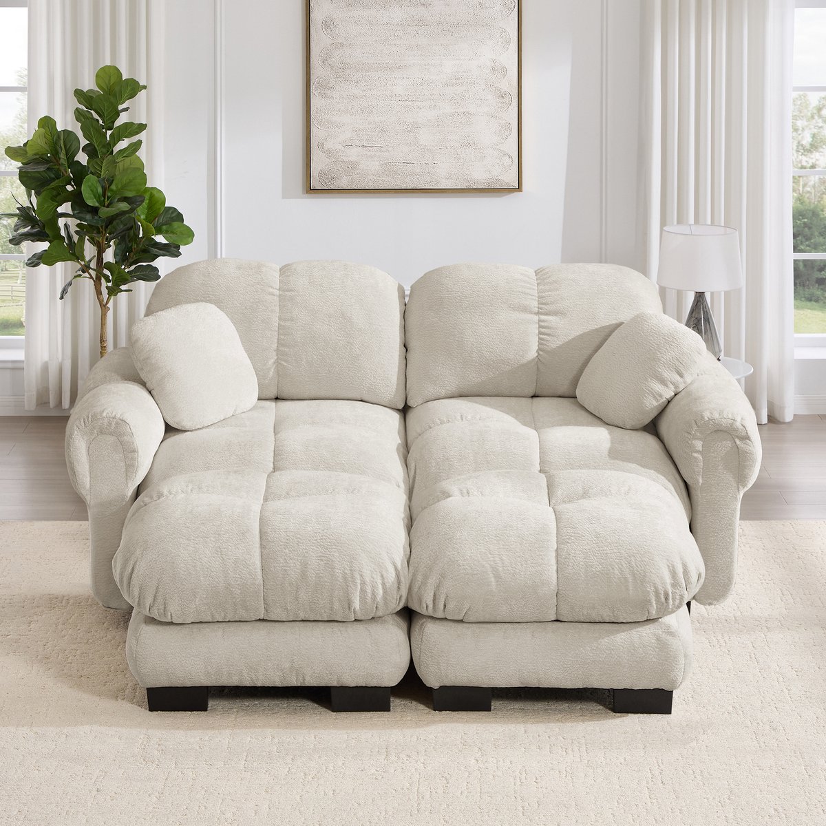 Intebiki 2-zits Hoekbank - Chenille stof - fauteuil - Modulaire U-vormige bank - Geen montage nodig - inclusief 2 poef - licht kaki