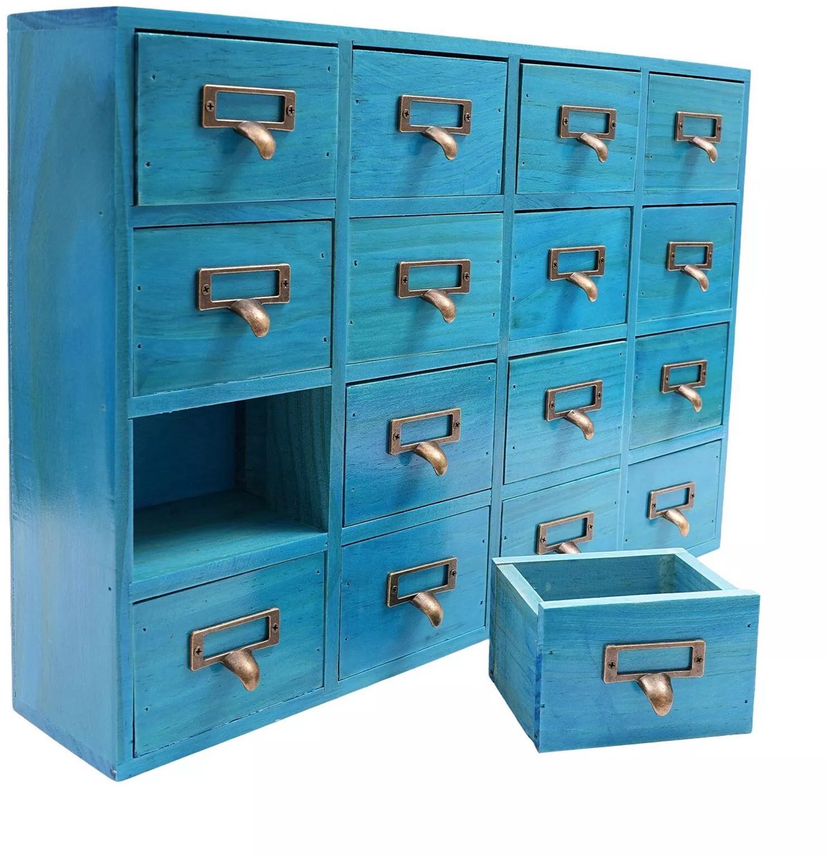Home & Beyond® Apothekerskast met 16 Lades - Opbergkastje voor Kleine Voorwerpen - Organizer met Labelhouders - Tafelkast Rustiek - Blauw - 50.5x9.5x35 cm