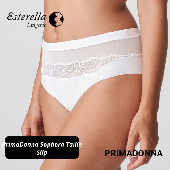 Witte tailleslip met mesh tailleband en kant op de voorkant, met 'PrimaDonna Sophora Taille Slip' tekst.