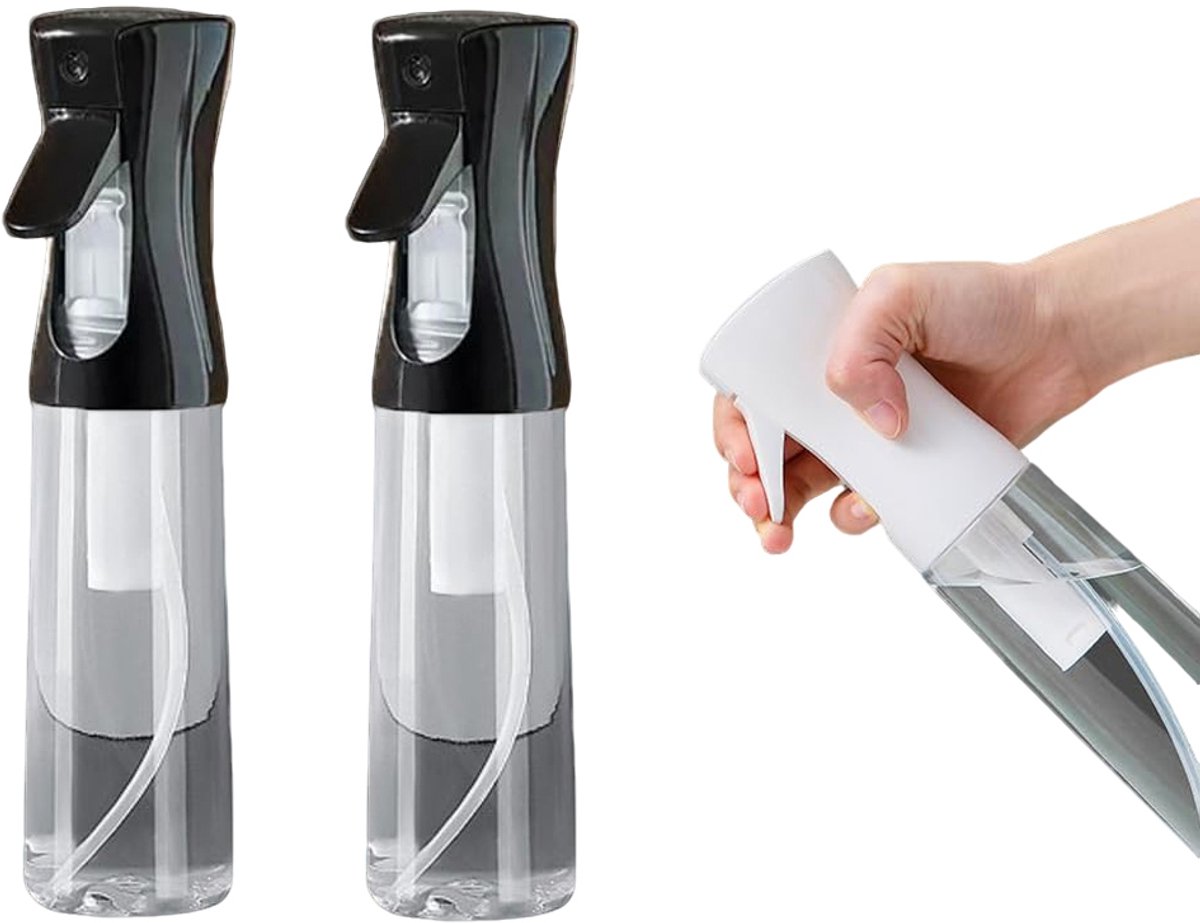 2-stuks Continu spuitfles - Stylingsprayfles - Ultrafijne sprayfles - Fijne nevelverstuiver - Sprayfles - 24*6 cm - 300 ml - Geschikt voor styling, huisdieren, planten, haarverzorging, enz. - Zwart, transparant