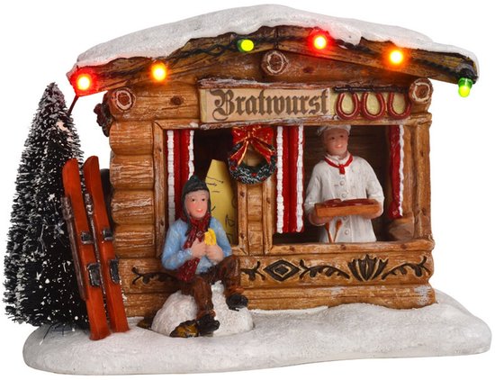 Foto: Luville kerstdorp miniatuur braadworstkraam kerstversiering voor je kerstdorp tafereel guirlande met verlichting kerstslingers decoratie l13 5 x b10 5 x h9 5 cm