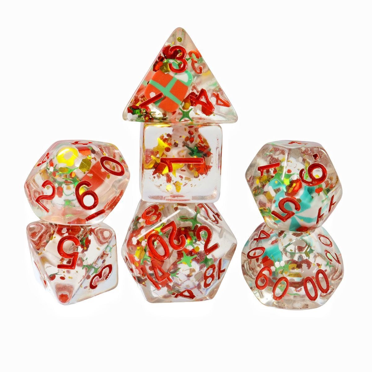 Lapi Toys - Dungeons and Dragons dobbelstenen - D&D dobbelstenen - D&D polydice - 1 set (7 stuks) - Kerst - Resin - Met cadeaus en confetti - Kerstboom D4 - Inclusief dice bag - Transparant - Rood - Groen