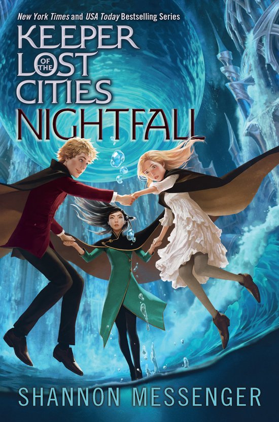 Boekomslag met drie tieners in de lucht, met de titel 'Nightfall' en de naam Shannon Messenger.