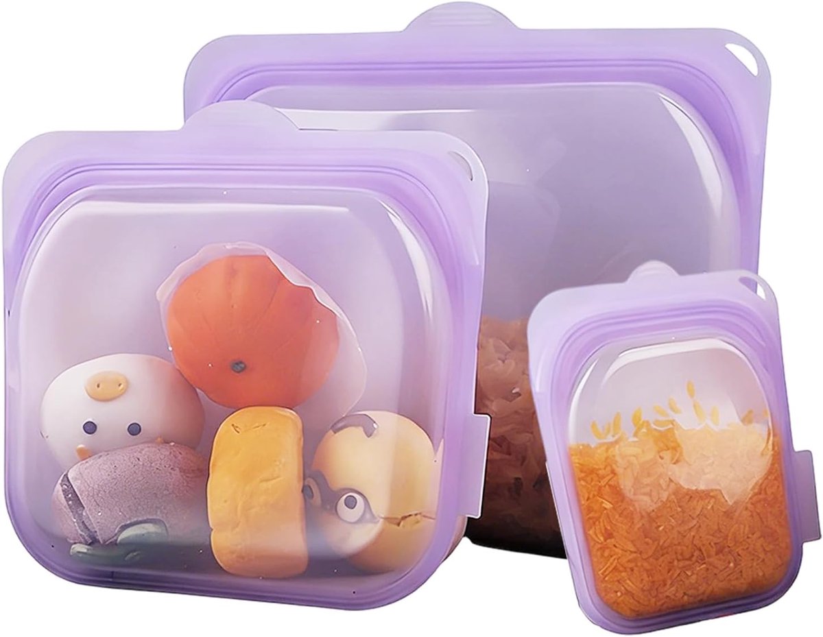 Herbruikbare Voedselzakken - Opbergzakjes Snacks - Maaltijdvoorbereiding Lunch - Luchtdicht Ontwerp Magnetronbestendig - 3 Stuks - Paars