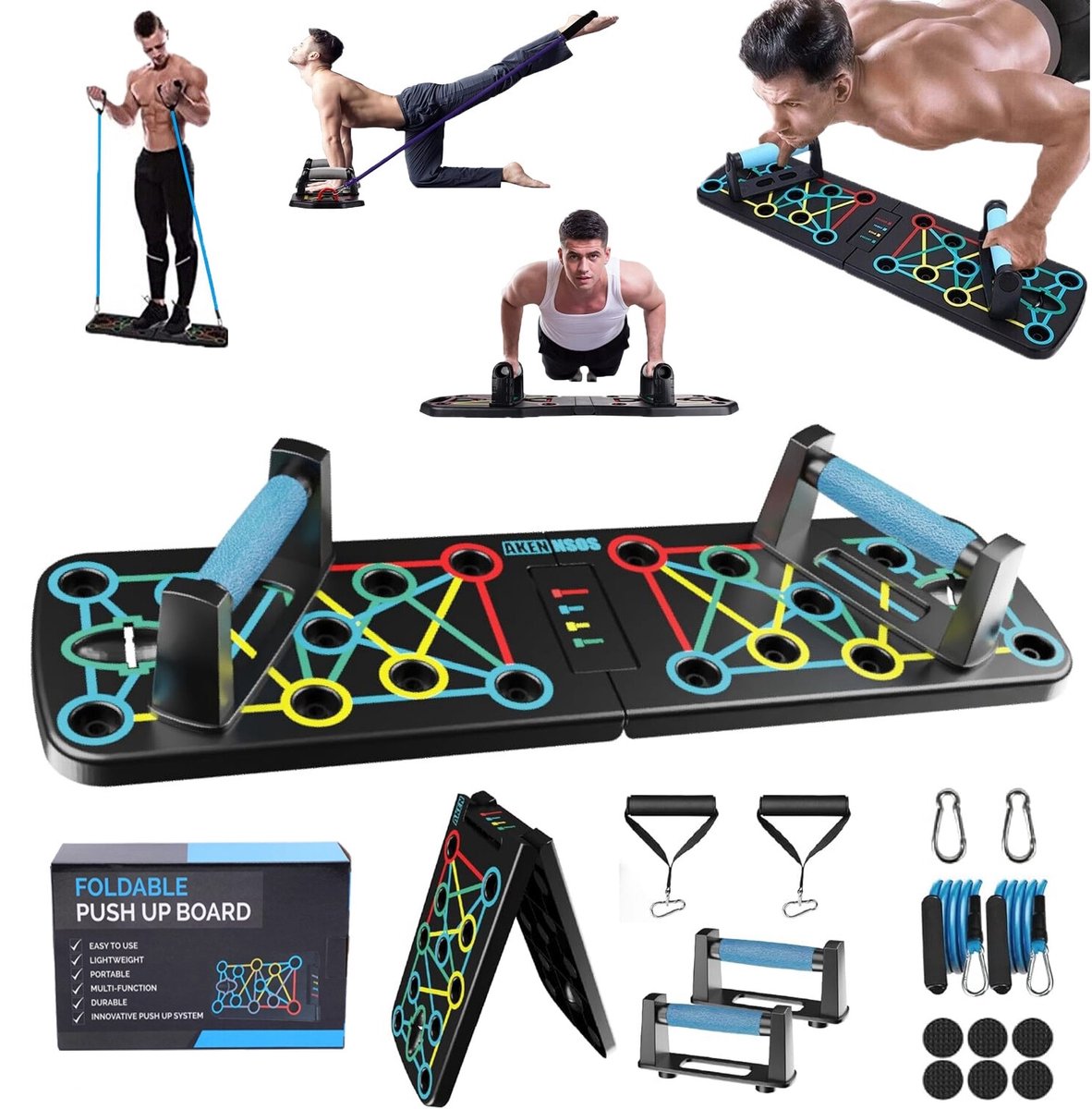 Push up bord - TENZHVXI® - Antislip - Opvouwbaar - Push-upstangen met handgrepen en spankabels - Training van borst-, triceps-, schouder- en rugspieren - Meerkleurig - 63,5x18,5 cm - Breed