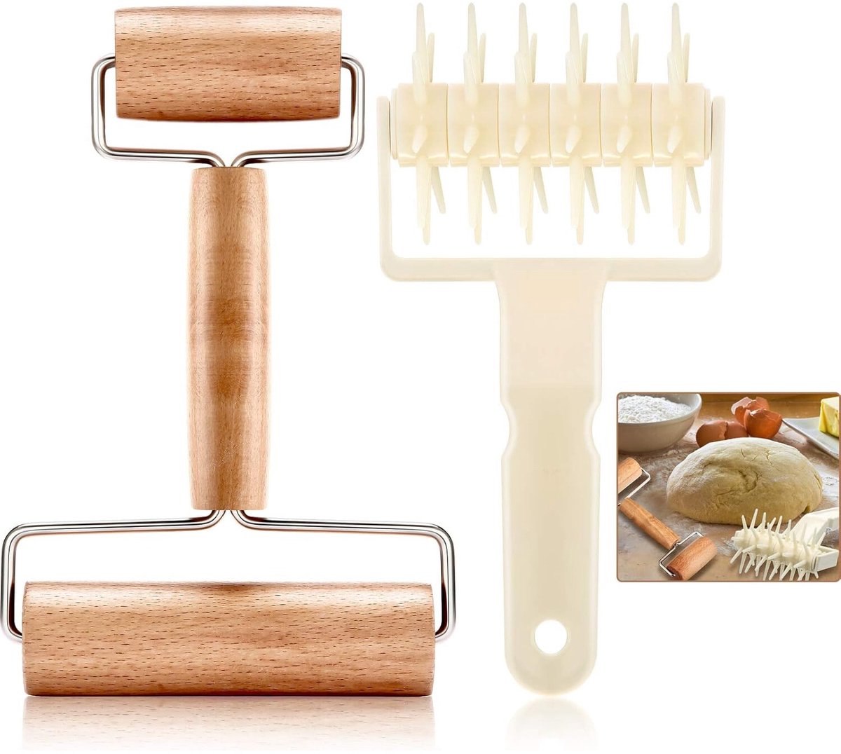 Deegroller set - Deegroller - TENZHVXI® - Antikleef - Hout/kunststof - Voor pizza en taarten - Wit/hout