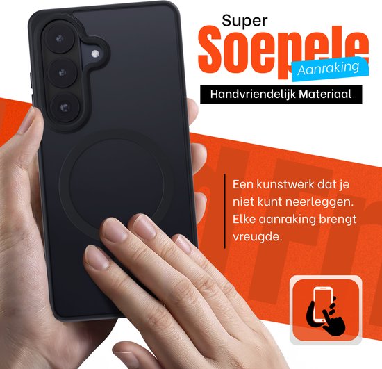 Gedetailleerde opname van een zwarte telefoonhoes met magnetische ring, vastgehouden door een hand. Tekst: "Super Soepele Aanraking".