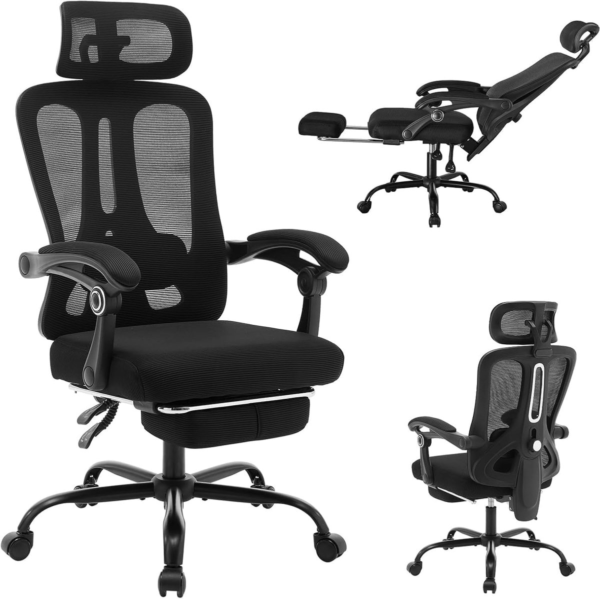 Ergonomische bureaustoel - Comfortabele werkstoel - Thuiswerken optimaal - Verstelbare lendensteun - 125cm Hoog - Zwart