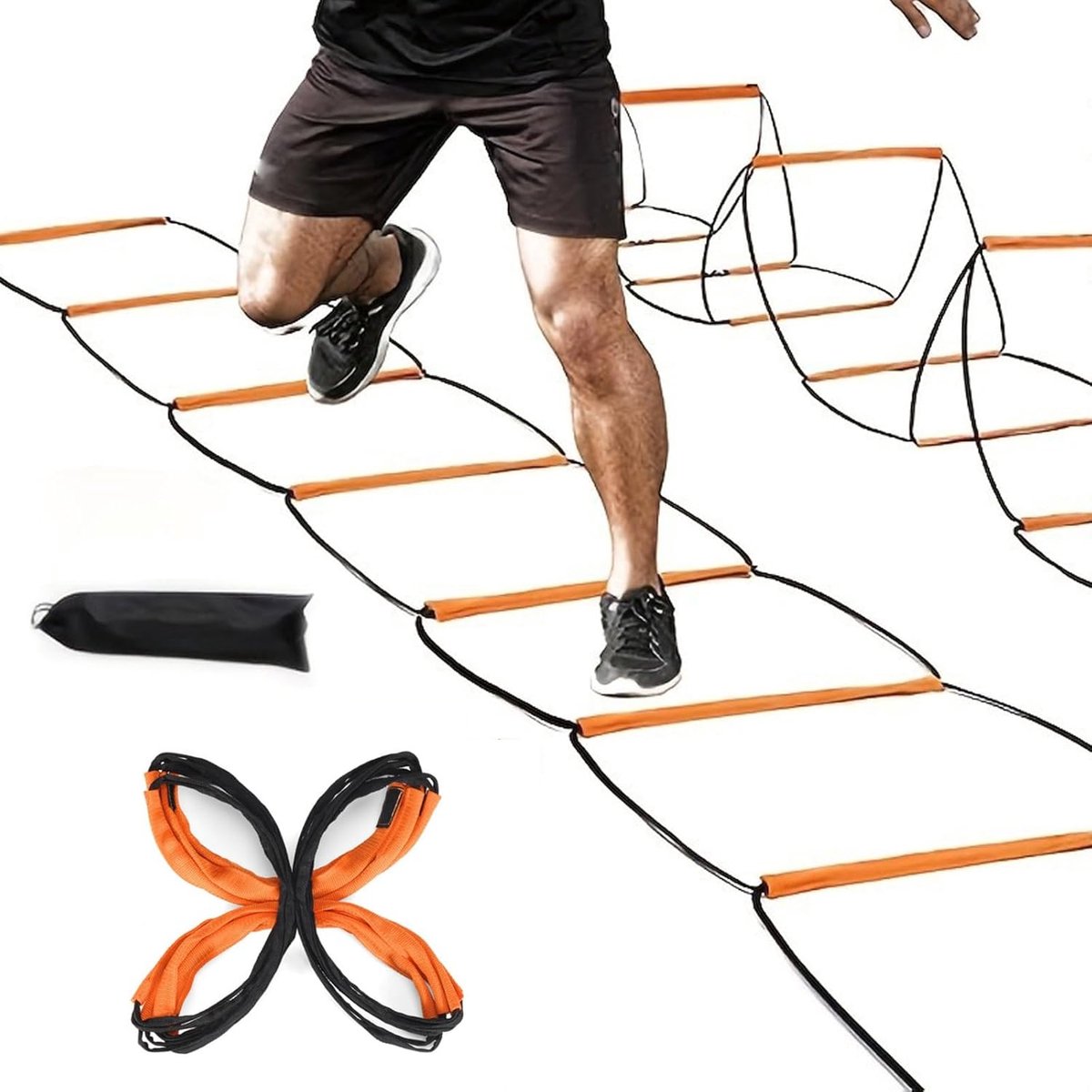 Voetenwerkladder - Oefenladder Trainingsset - Behendigheidstraining - Verstelbare Sectie-afstand - 6 Grids - Oranje Zwart