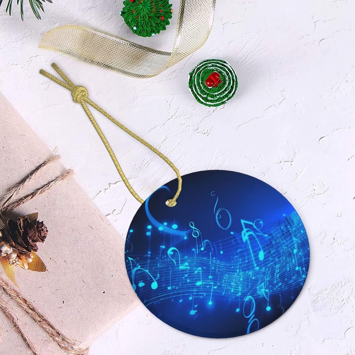 Kerst Decoratie Ornament - Keramisch Hanger - Kerstboom Versieren - Muzikale Noten Design - 74 cm Diameter - Blauw