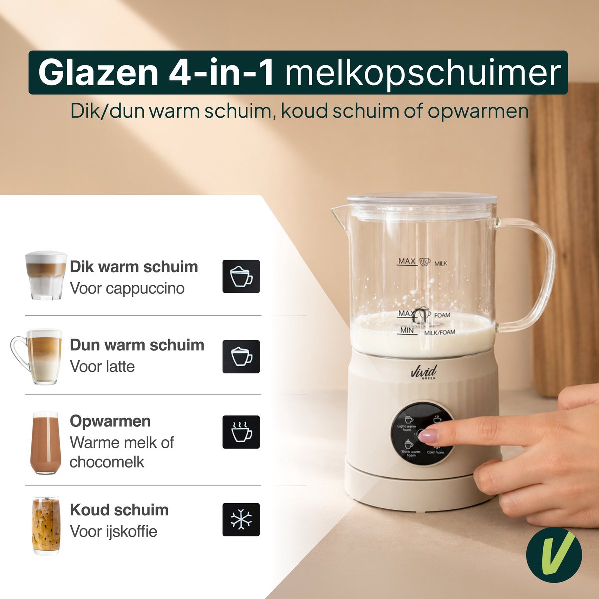 Vivid Green Melkopschuimer Glas - PFAS-vrij - 4-in-1 - 400 ml - Creme - Glazen Melkopschuimer Elektrisch - Warm & Koud Schuim - Melkklopper voor Cappuccino — cadeau in Kookcadeaus - foto 2