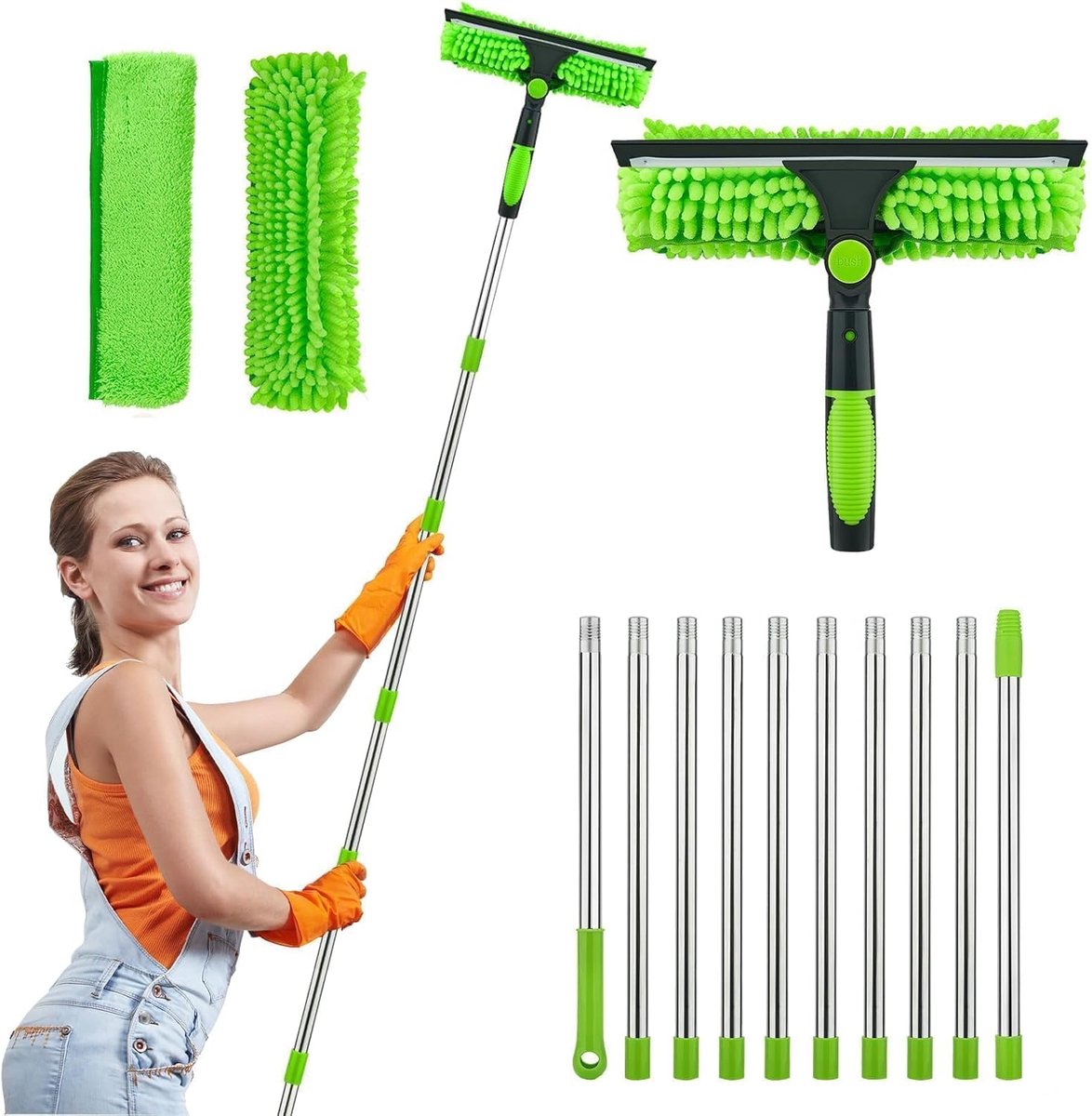 Wisser met steel - Raamreiniger - Ramen lappen - Lange reikwijdte - 4.3 meter - Groen