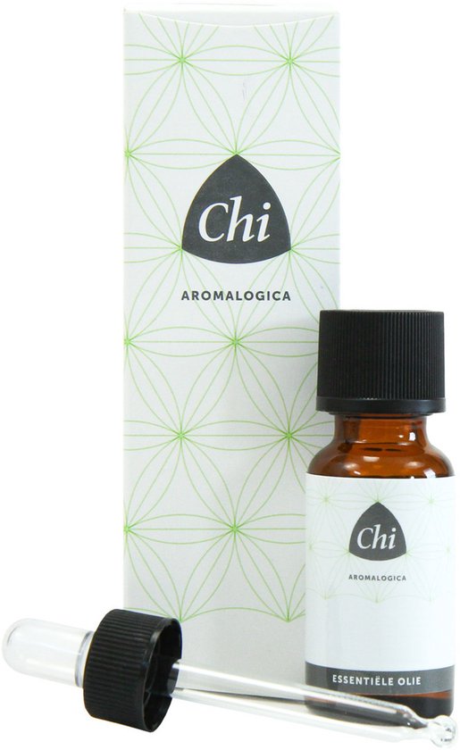 Chi Aromalogica essentiële olie in een bruin flesje met druppelaar, naast de verpakking met groen patroon.