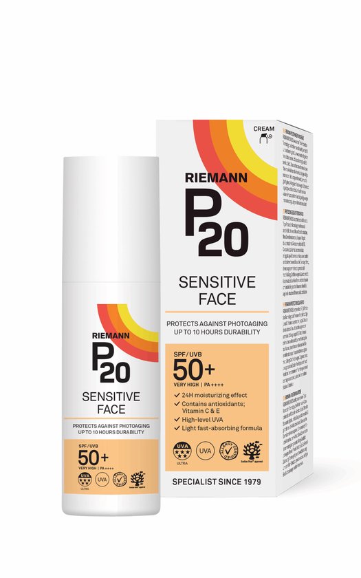 P20 Sensitive Face SPF 50+ zonnebrandcrème en verpakking. Beschermt tegen veroudering, 24u hydratatie, bevat antioxidanten, snelle absorptie.