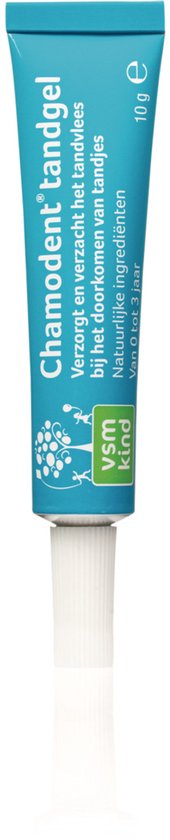 Turquoise tube met witte dop. Tekst: Chamodent tandgel.