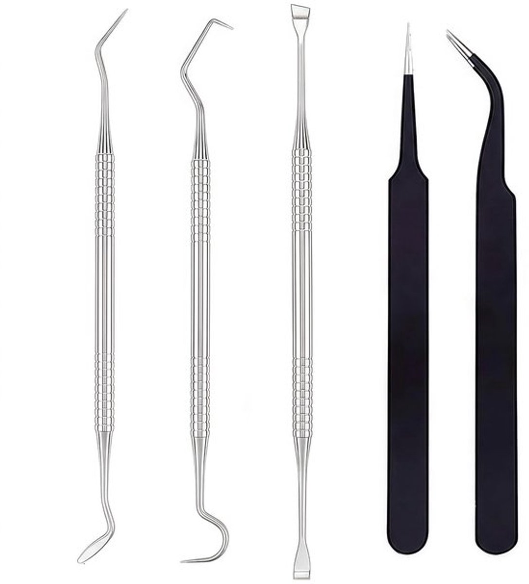 Dailygoods - Set van 5 Stuks Vinyl Gereedschapset - Precisie Pincetten en Haak