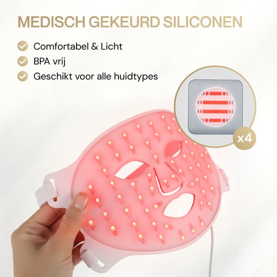 Wit LED gezichtsmasker, gedragen door een hand, met rode lampjes en een vergroot detail van de lampjes.