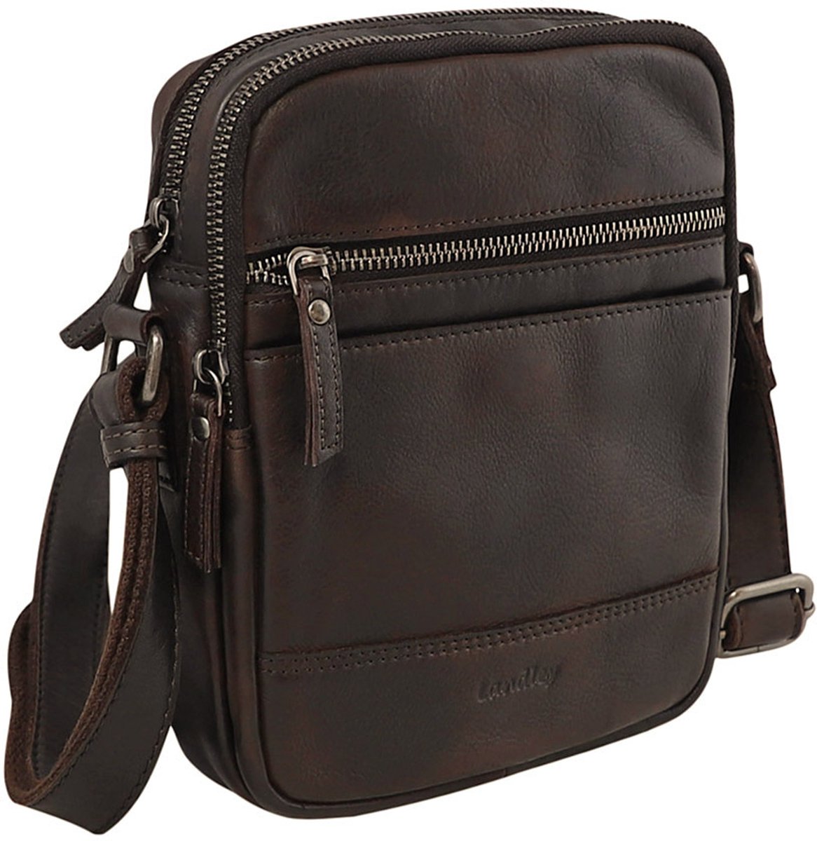 Landley Leren Schoudertas Heren & Dames – Crossbody Tas van Echt Leer met Dubbele Rits – Donkerbruin