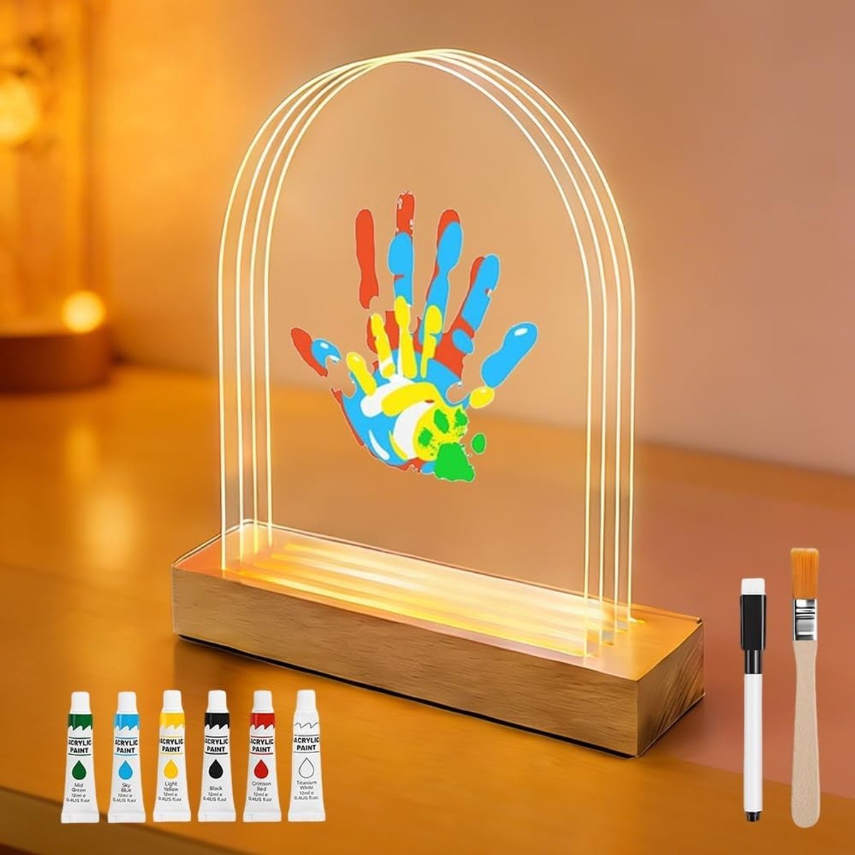 Handafdrukset voor het gezin met licht en 5 niet-giftige wasbare verfkleuren, perfect als cadeau voor Moederdag en Vaderdag, inclusief ruimte voor 4 handafdrukken