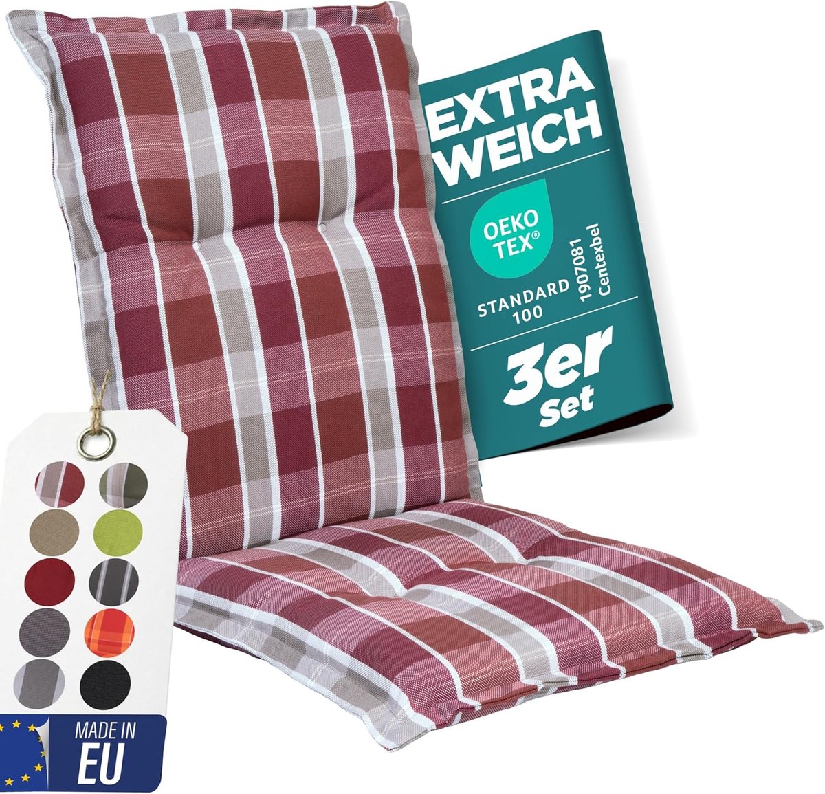 Tuinkussen Set - Stoelkussens Laag - Buiten Zitten - Extra Dikke Vulling - 3 Stuks - Rood Geruit