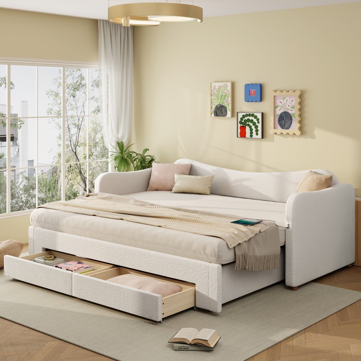 MEUNIQ slaapbank 90x200 cm uitschuifbaar tot 180x200 cm, daybed met 2 lades, USB en Type-C, lattenbodem, bouclé stof, beige, voor slaapkamer of logeerkamer