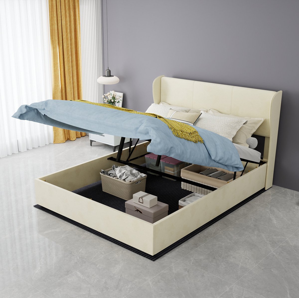 MEUNIQ Stoffeerbed 140x200 cm beige met hoog hoofdbord, opbergruimte en gaslift, bedframe met lattenbodem voor slaapkamer, zonder matras