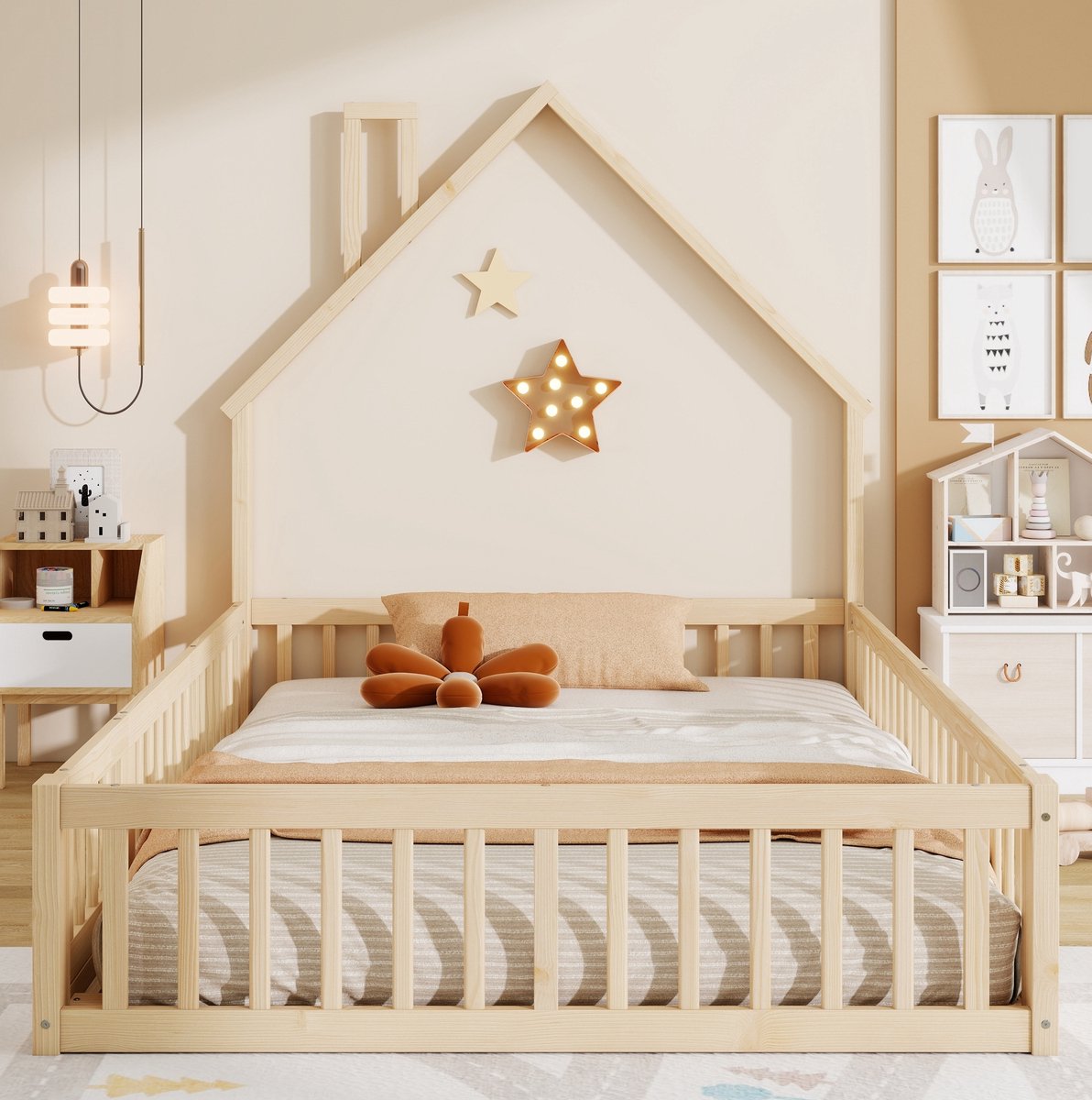 MEUNIQ huisbed 140 x 200 cm met lattenbodem en uitvalbeveiliging, kinderbed van grenenhout en MDF, normaal bed voor kinderkamer, naturel, zonder matras