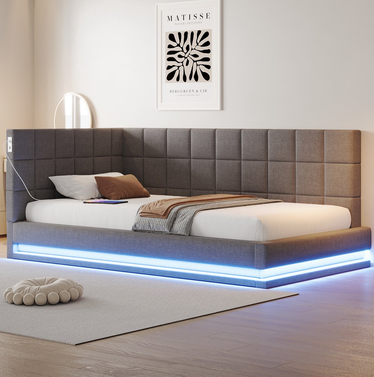 MEUNIQ slaapbank 90x200 cm met LED-verlichting, USB-aansluiting en lattenbodem, eenpersoons gestoffeerd bedframe van stof voor slaapkamer of logeerkamer, grijs