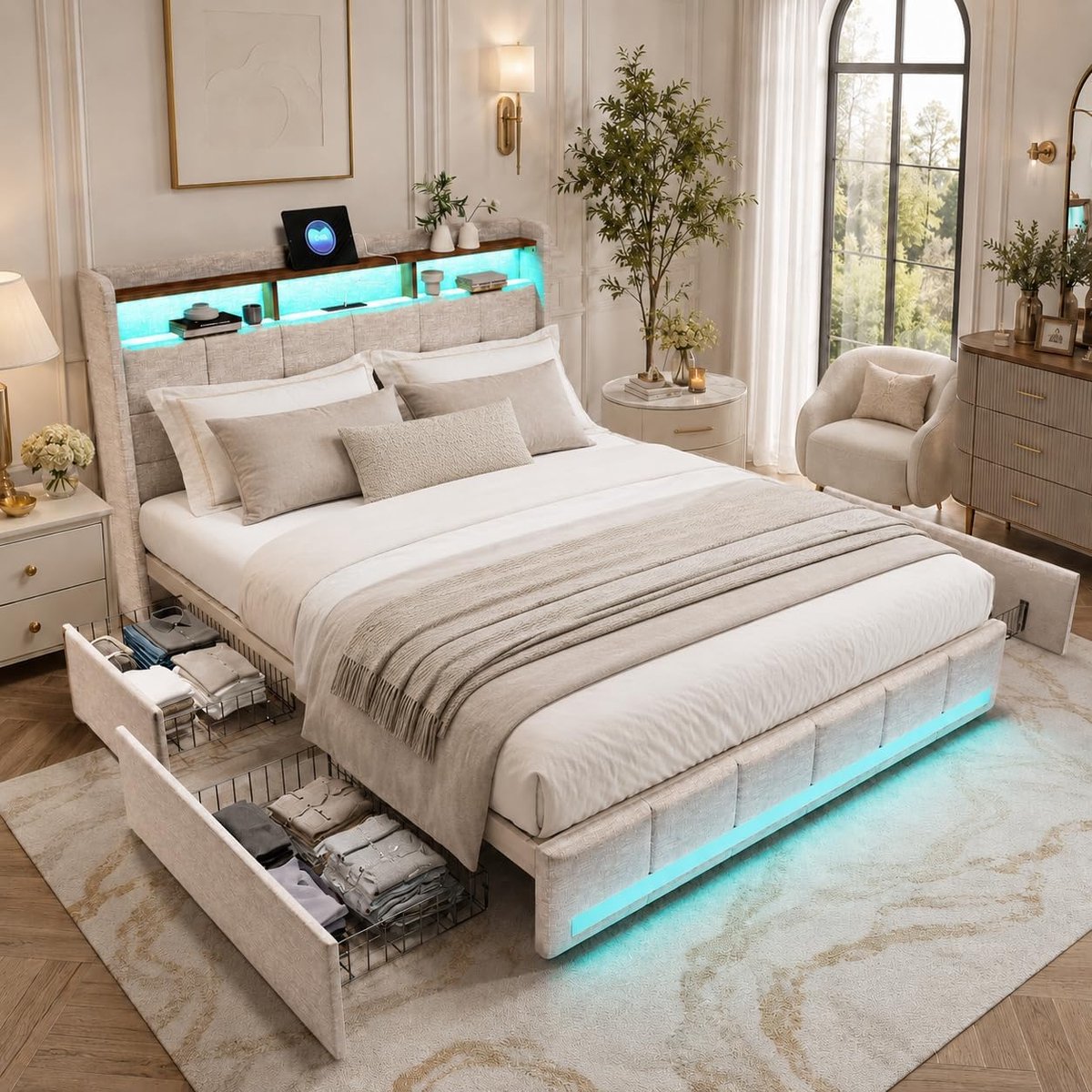 Gestoffeerd Bed - Linnen Bed - Slaapkamer Opbergen - Met LED en USB - 160 x 200 cm - Beige