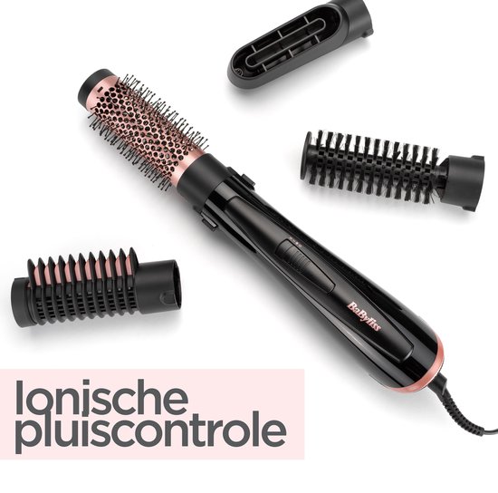 BaByliss airstyler met 4 opzetstukken: volumeborstel, gladmakende borstel, föhnmondstuk en een 20mm borstel.