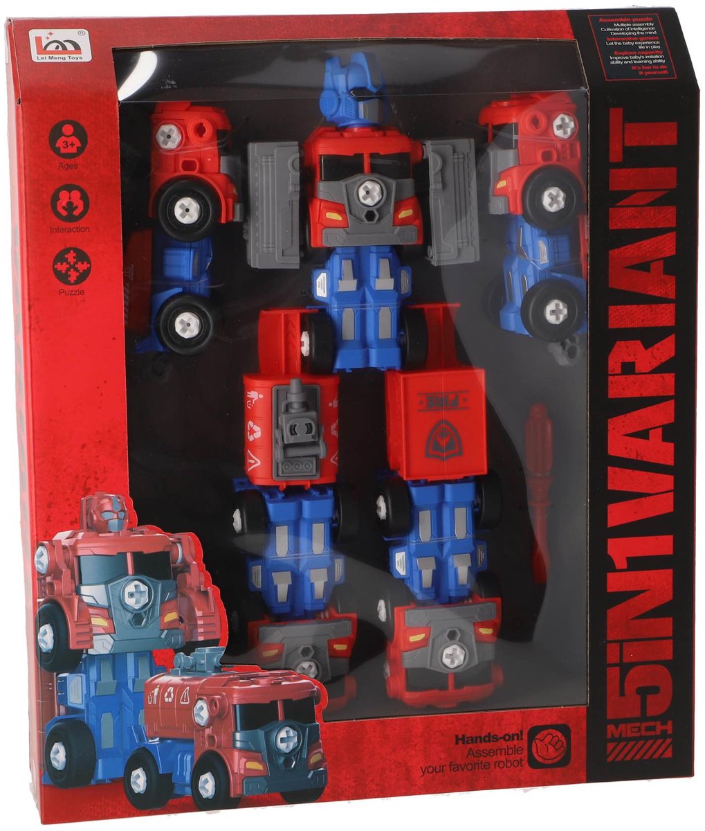 KiddyGo robot speelgoed transformeerbaar rood blauw voertuig.