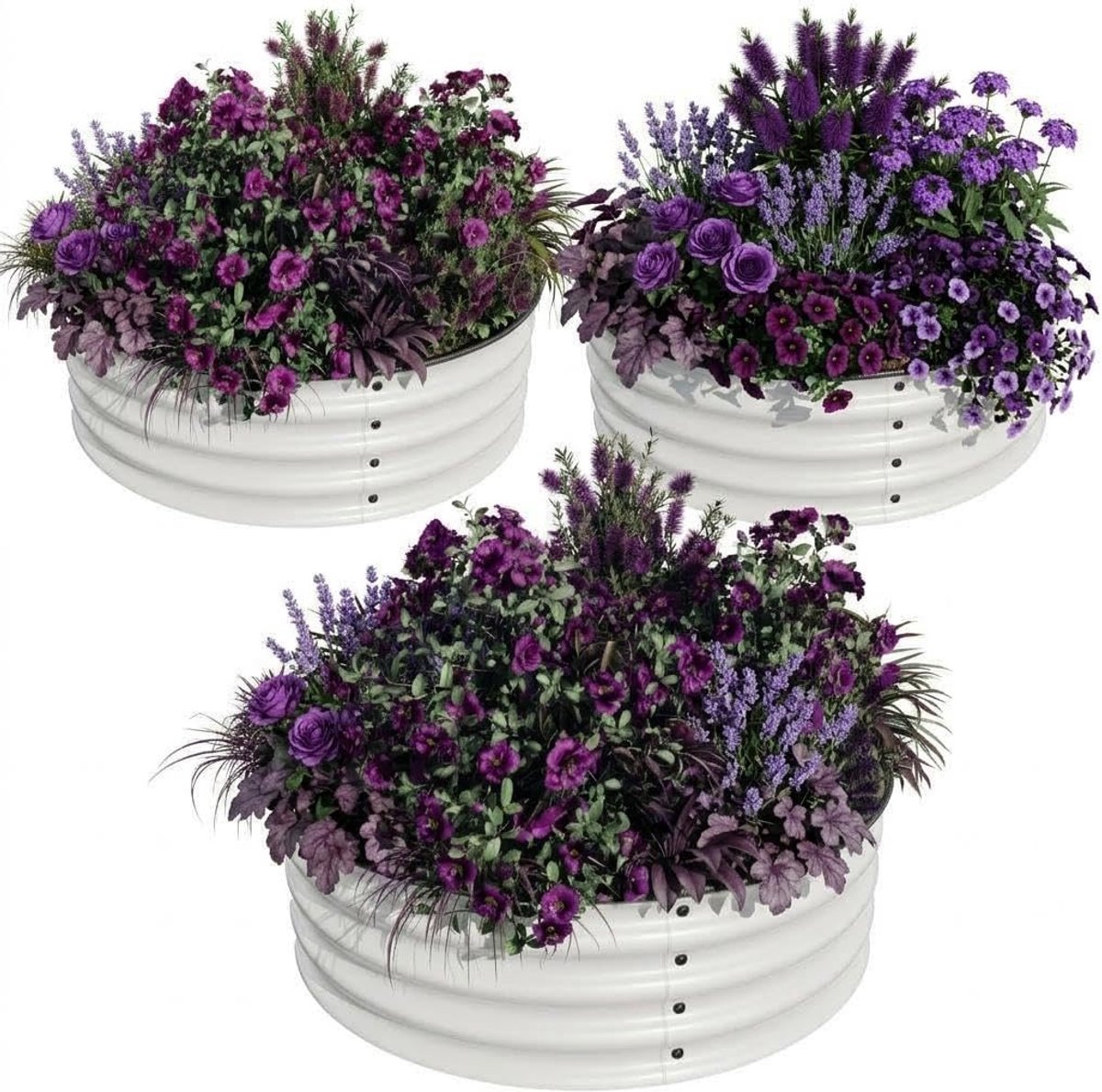 Set van 3 ronde verhoogde plantenbakken van gegalvaniseerd staal, 60x60x28 cm, roestvrij en corrosiebestendig, met beschermende afdichtingen en open bodem, voor groenten, fruit, bloemen, kruiden, balkon