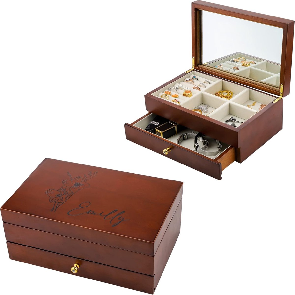 Houten Sieradendoos - Juwelendoosje Opbergdoos - Sieraden Organiseren - Met Make-up Spiegel - 24.5x16x11cm - Rustiek