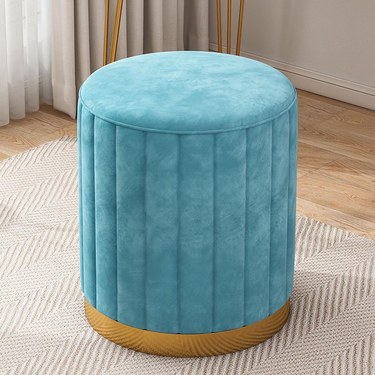 Opbergpoef Rond - Gestoffeerde poef - Extra zitplaats - Verborgen opbergruimte - 34x44 cm - Blauw