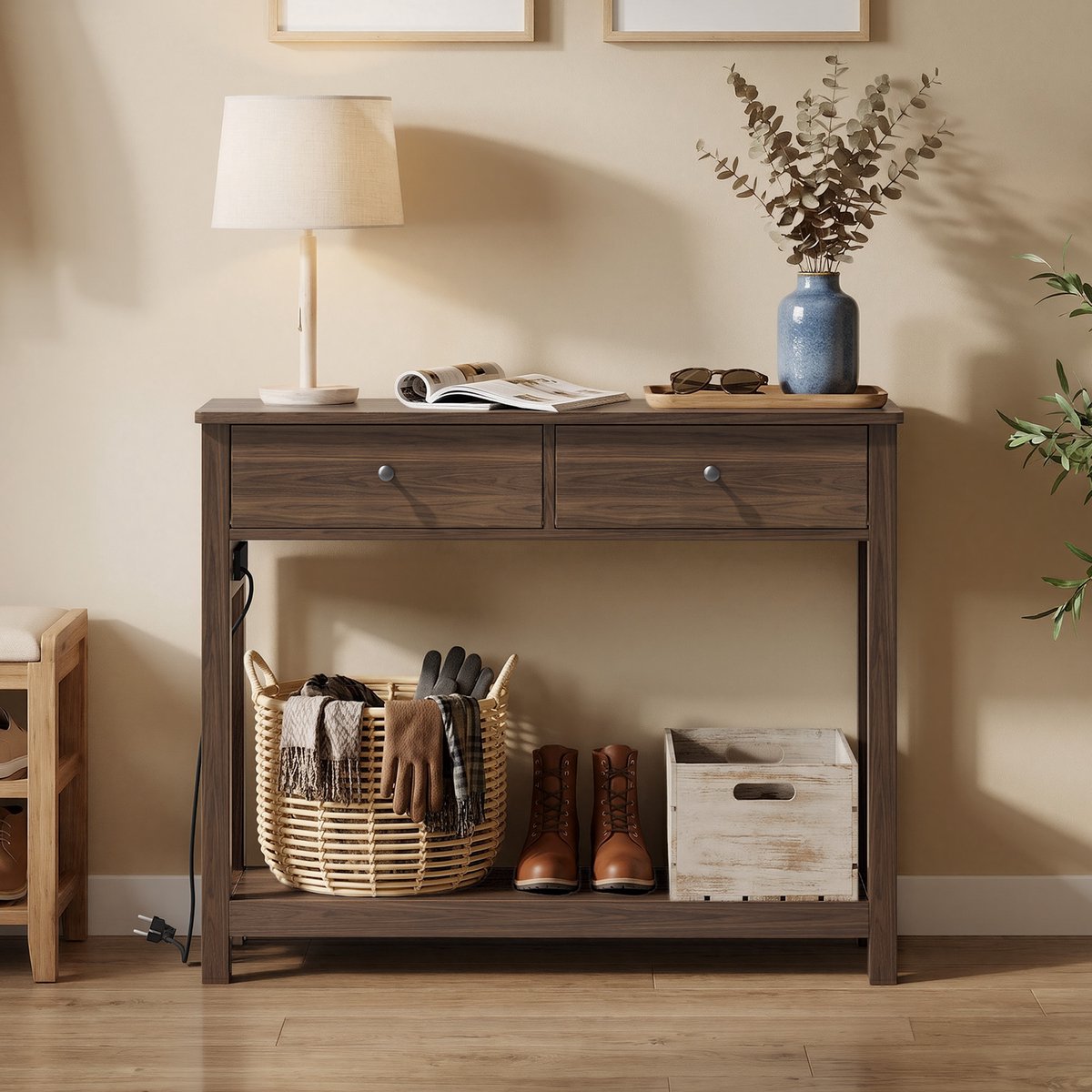 Xbro Consoletafel, Haltafel met 2 Lades en Opbergplank, Sidetable met EU-Stopcontact en USB,Retro