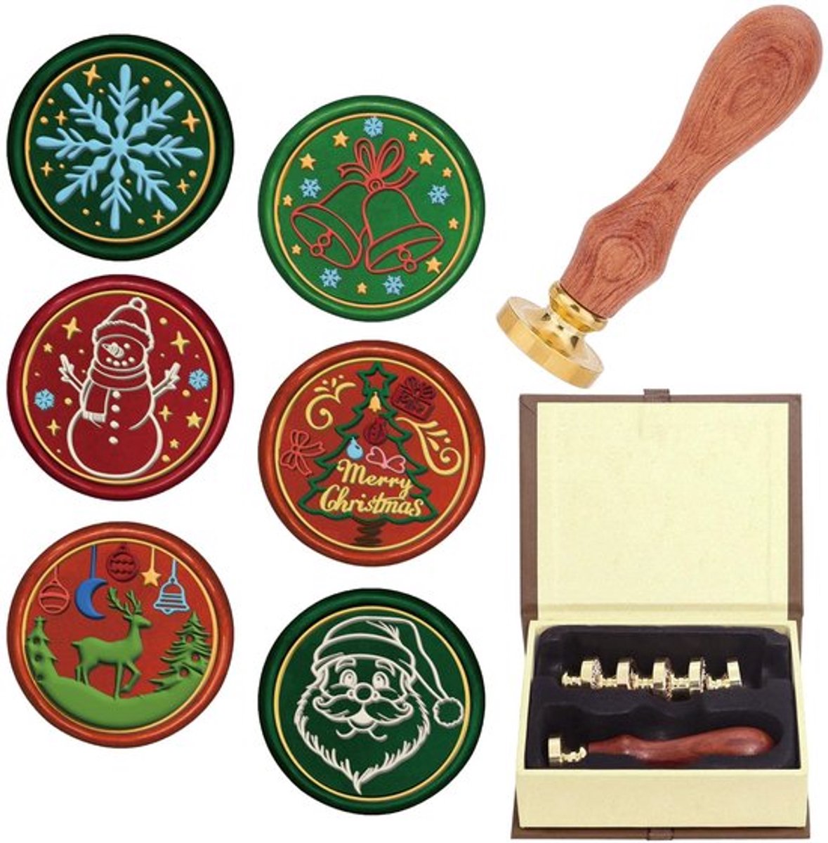 Wax seal stempels kerststijlen houten set 6 stuks