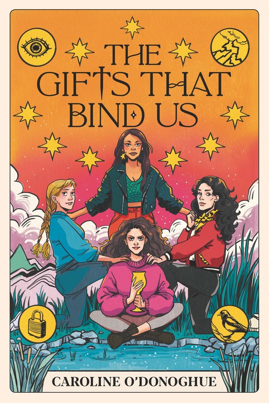 Boekcover met de titel 'The Gifts That Bind Us'. Vier jonge vrouwen met deels opgestoken haar, afgebeeld in felle kleuren tegen een oranje-roze achtergrond met sterren en symbolen.