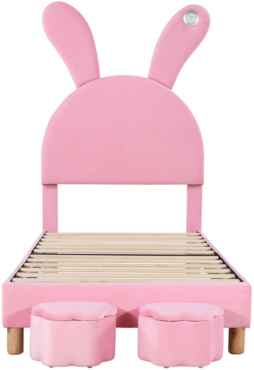 MEUNIQ eenpersoons bed 90x200 cm met 2 opbergbanken, LED-verlichting, verstelbaar hoofdbord, lattenbodem en inklapbare hazenoren voor kinderkamer, roze