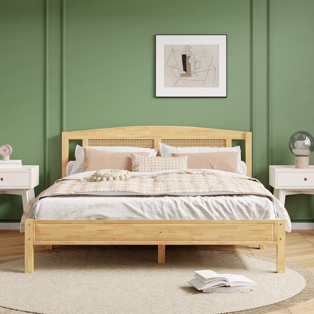 MEUNIQ tweepersoons bed 160x200 cm met rotan detail, 15 latten en middenpoten, houten bedframe voor slaapkamer, naturel