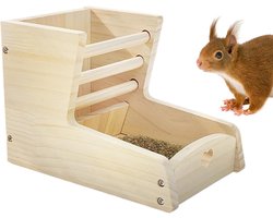 Hooi Feeder - Huisdier Gras Houder - Netjes Voeren - Dubbele Zone Ontwerp - 25x18x7 cm - Houtkleur