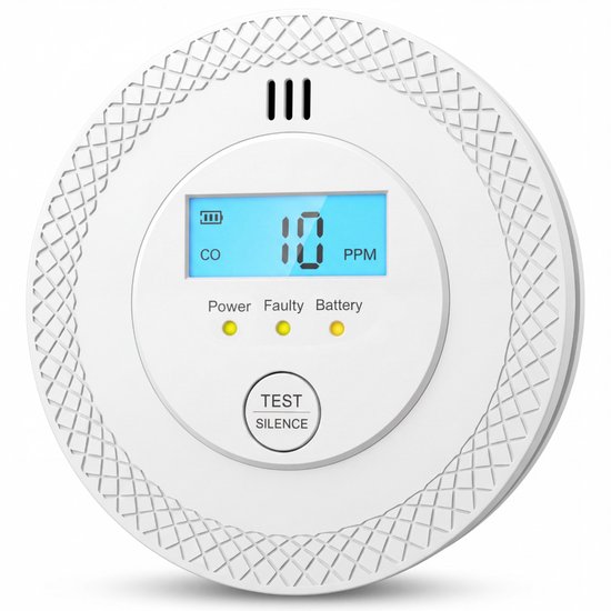 Witte ronde koolmonoxidemelder met LCD display dat '10 PPM' toont. LEDs voor Power, Faulty en Battery.