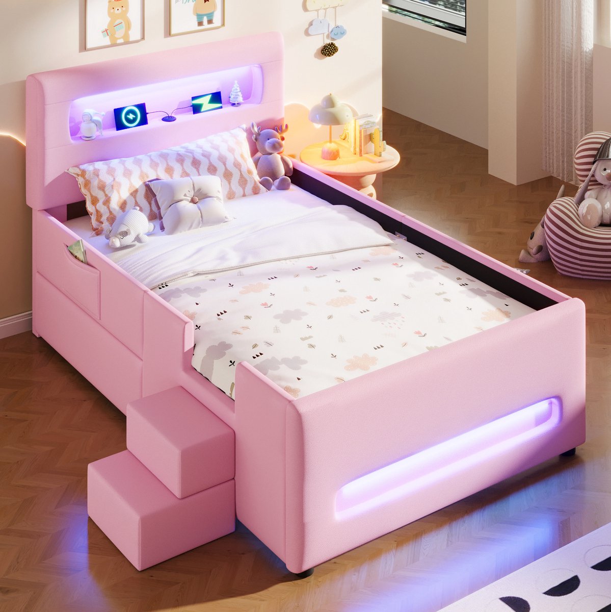 MEUNIQ gestoffeerd eenpersoons bed 90 x 200 cm met trap, opberglade, LED-verlichting en lattenbodem, roze kinderbed voor kinderkamer