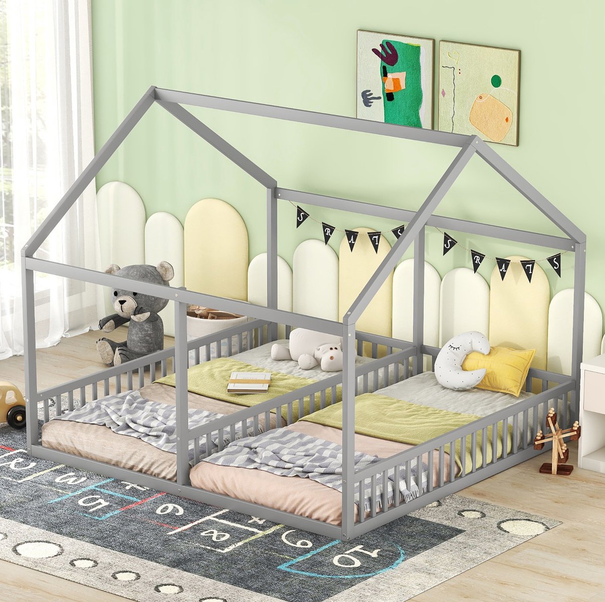 MEUNIQ 2-in-1 kinderbed huisbed 204x187 cm met 2 slaapplaatsen 90x200, uitvalbeveiliging, lattenbodem, grijs bedframe voor de kinderkamer